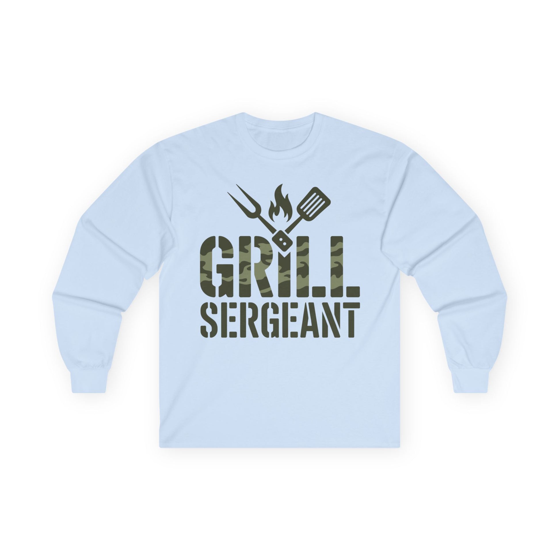 TEEZOCA Grill Sergeant unisex long-sleeve t-shirt camouflage design Light blue sweatshirt with 'Grill Sergeant' text and grill icons on a white background