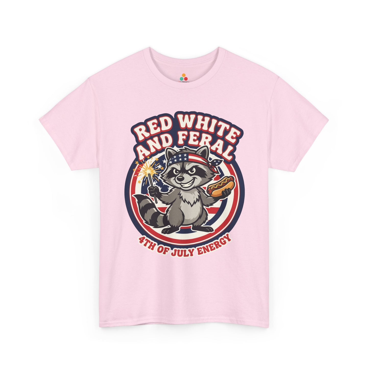 TEEZOCA Hot Dog Shirt t-shirt artwork with a cute raccoon holding a cookout snack beside a bright sparkler.
