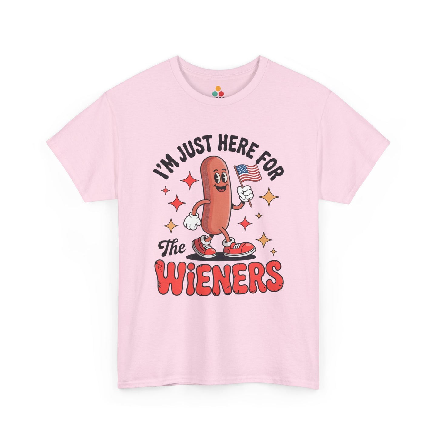 TEEZOCA Hot Dog Shirt t-shirt showing a cartoon hot dog holding a flag for funny cookout party photos.

