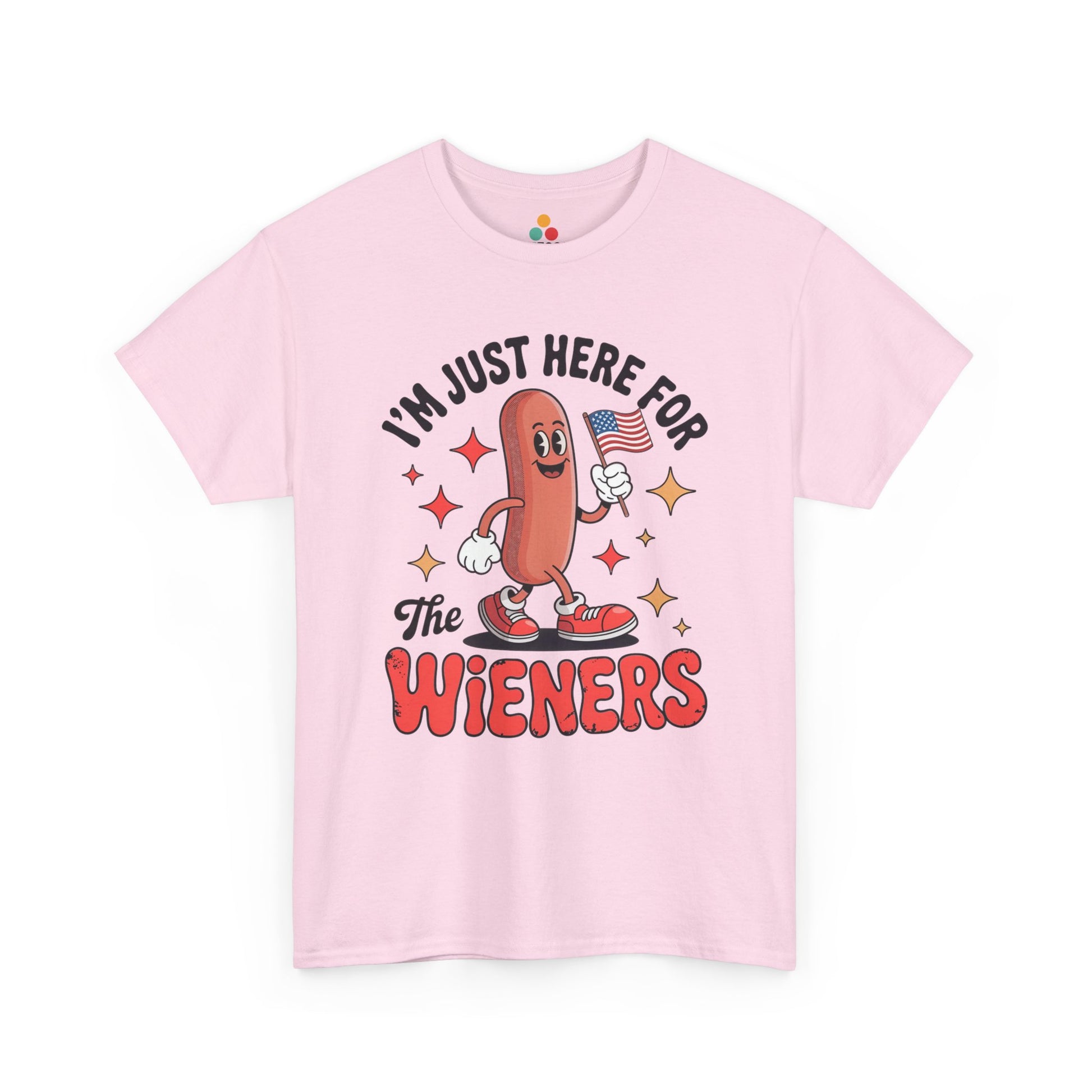 TEEZOCA Hot Dog Shirt t-shirt showing a cartoon hot dog holding a flag for funny cookout party photos.
