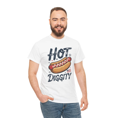 TEEZOCA Hot Dog Shirt t-shirt with Hot Diggity lettering, mustard-topped hot dog, stars, and tiny American flag.
