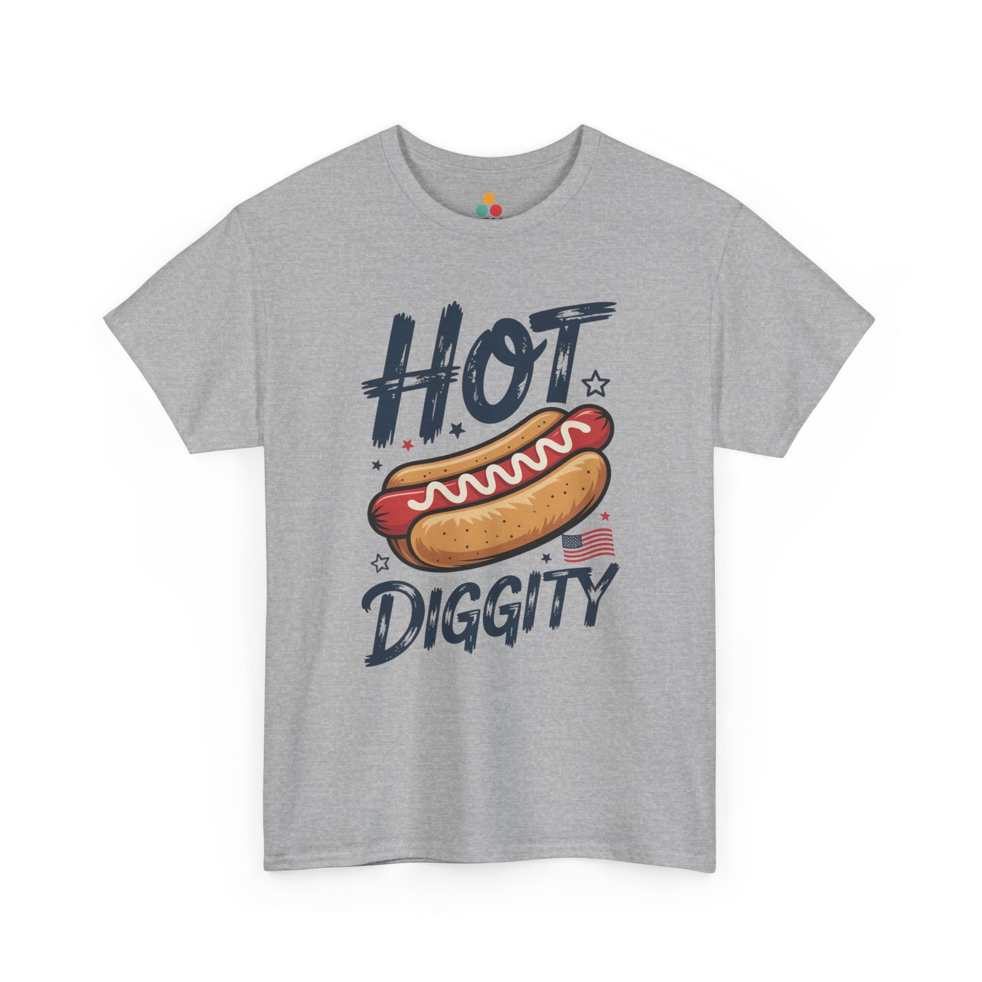 TEEZOCA Hot Dog T Shirt design as a t-shirt graphic with Hot Dog Tee Shirt appeal, mustard detail, and red, white, and blue accents.
