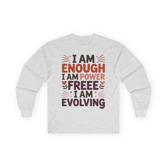 TEEZOCA I am enough affirmation text on unisex long-sleeve t-shirt Gray sweatshirt with motivational text on a white background