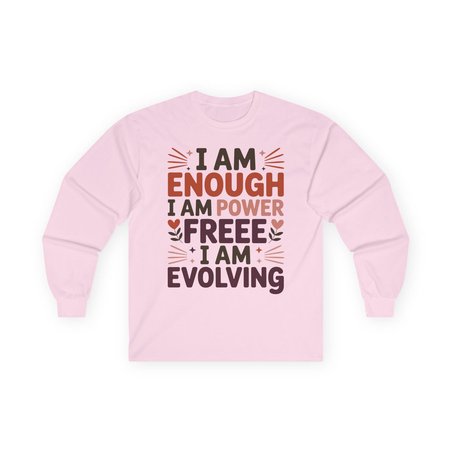TEEZOCA I am enough affirmation text on unisex long-sleeve t-shirt Pink sweatshirt with motivational text on a white background