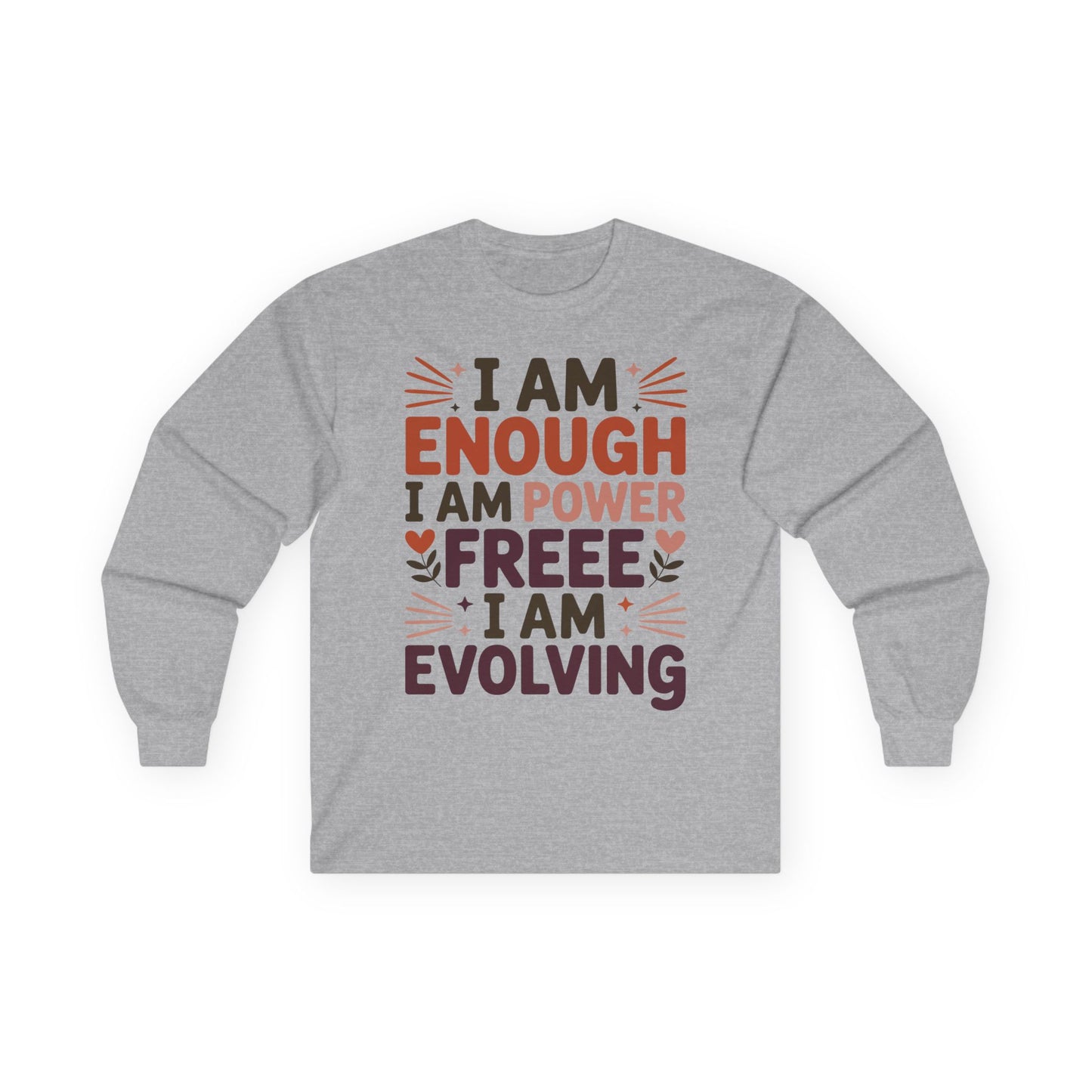 TEEZOCA I am enough empowering typography on unisex long-sleeve t-shirt Gray long-sleeve shirt with motivational text design on a white background