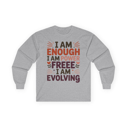 TEEZOCA I am enough empowering typography on unisex long-sleeve t-shirt Gray long-sleeve shirt with motivational text design on a white background