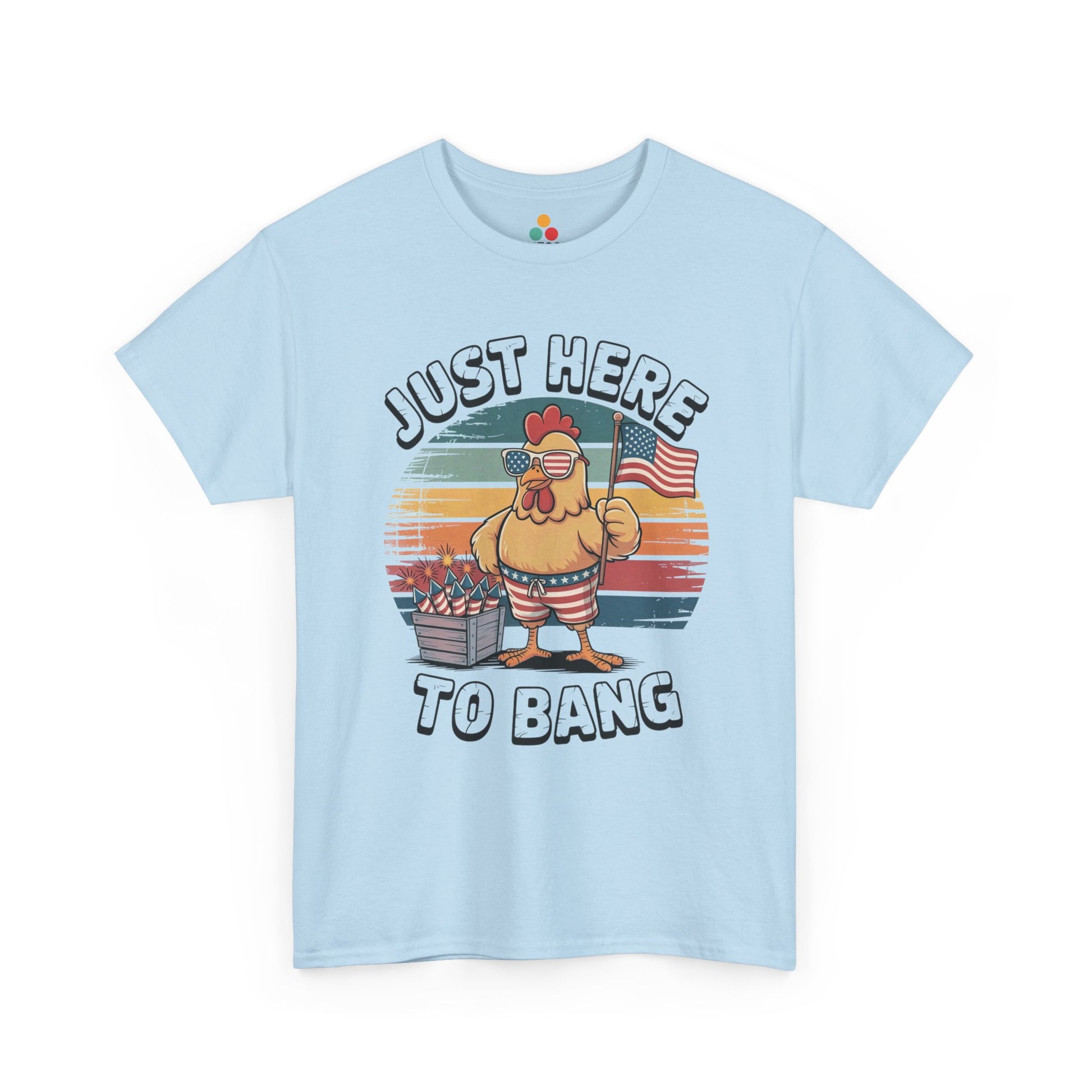 TEEZOCA Independence Day Shirt t-shirt with a Gag Gift Shirt twist, sunglasses rooster, flag, and fireworks for adult party humor.
