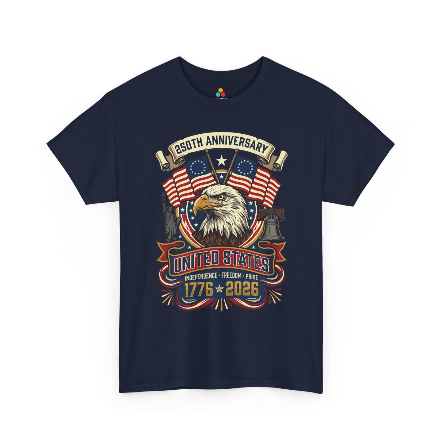 TEEZOCA July 4 shirts design showing a statue of liberty t shirt theme with eagle, bell, flags, and bold 1776 2026 lettering.
