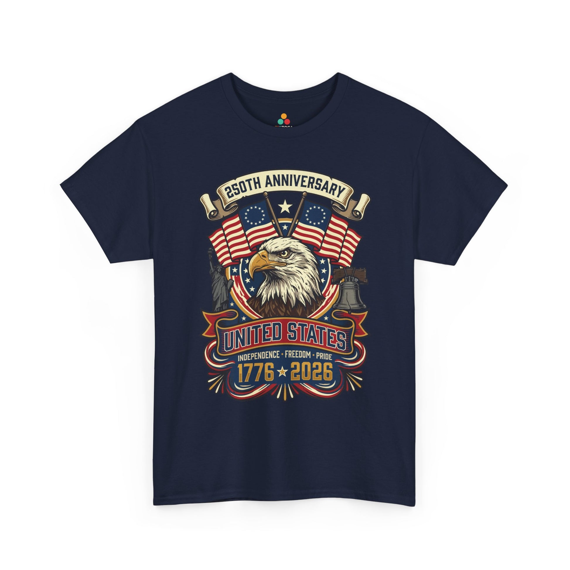 TEEZOCA July 4 shirts design showing a statue of liberty t shirt theme with eagle, bell, flags, and bold 1776 2026 lettering.
