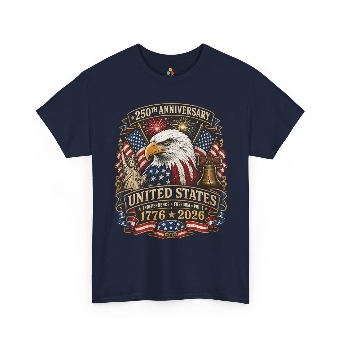 TEEZOCA July 4 shirts design showing a statue of liberty t shirt theme with fireworks, flags, stars, and premium patriotic style.

