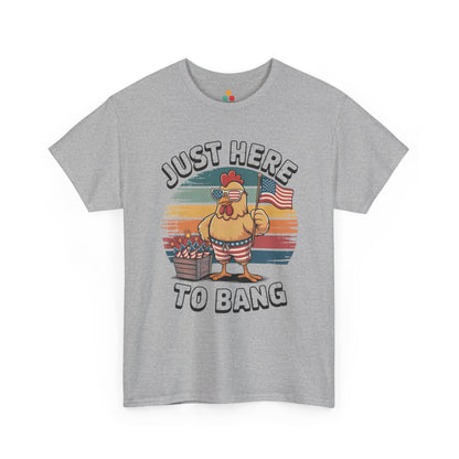 TEEZOCA Just Here to Bang Shirt t-shirt with rooster, sunglasses, boxed fireworks, American flag, and retro sunset stripes.
