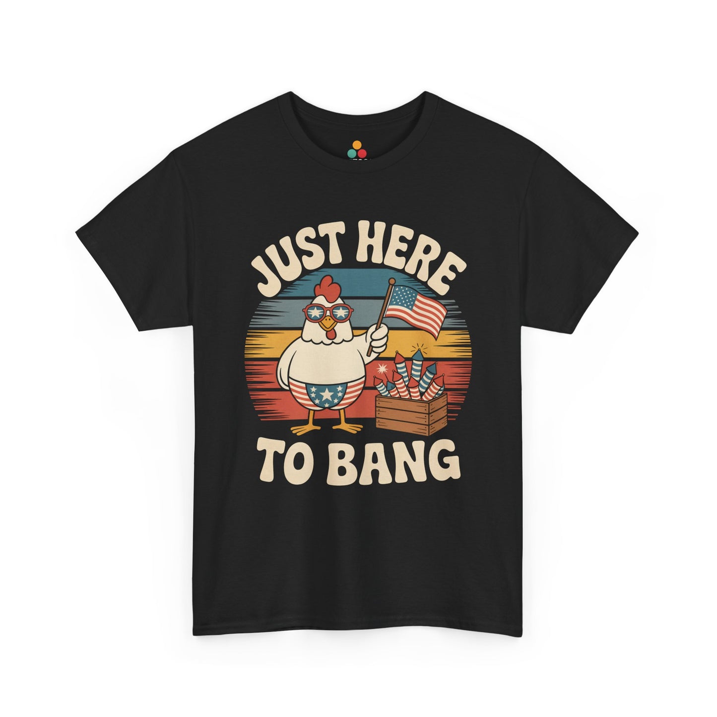 TEEZOCA Just Here to Bang Shirt t-shirt with vintage rooster artwork for adult Independence Day BBQ humor.
