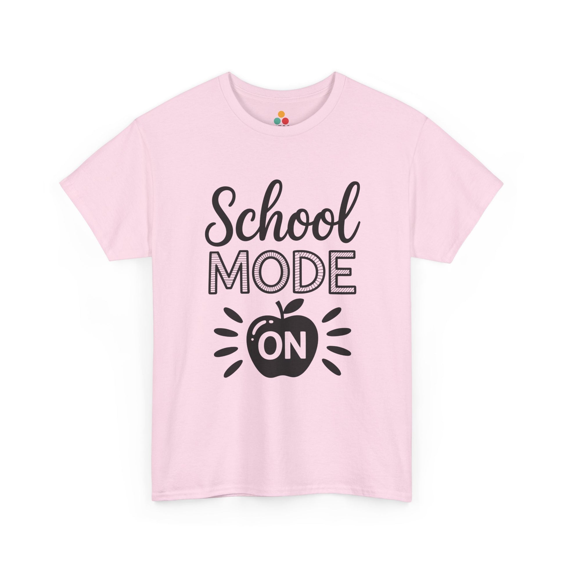 TEEZOCA LIGHT pink “School Mode On” cute school graphic tee displayed flat.