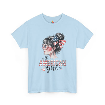 TEEZOCA Ladies American Flag Shirt t-shirt with bow detail, USA sunglasses, and cute All American Girl style.
