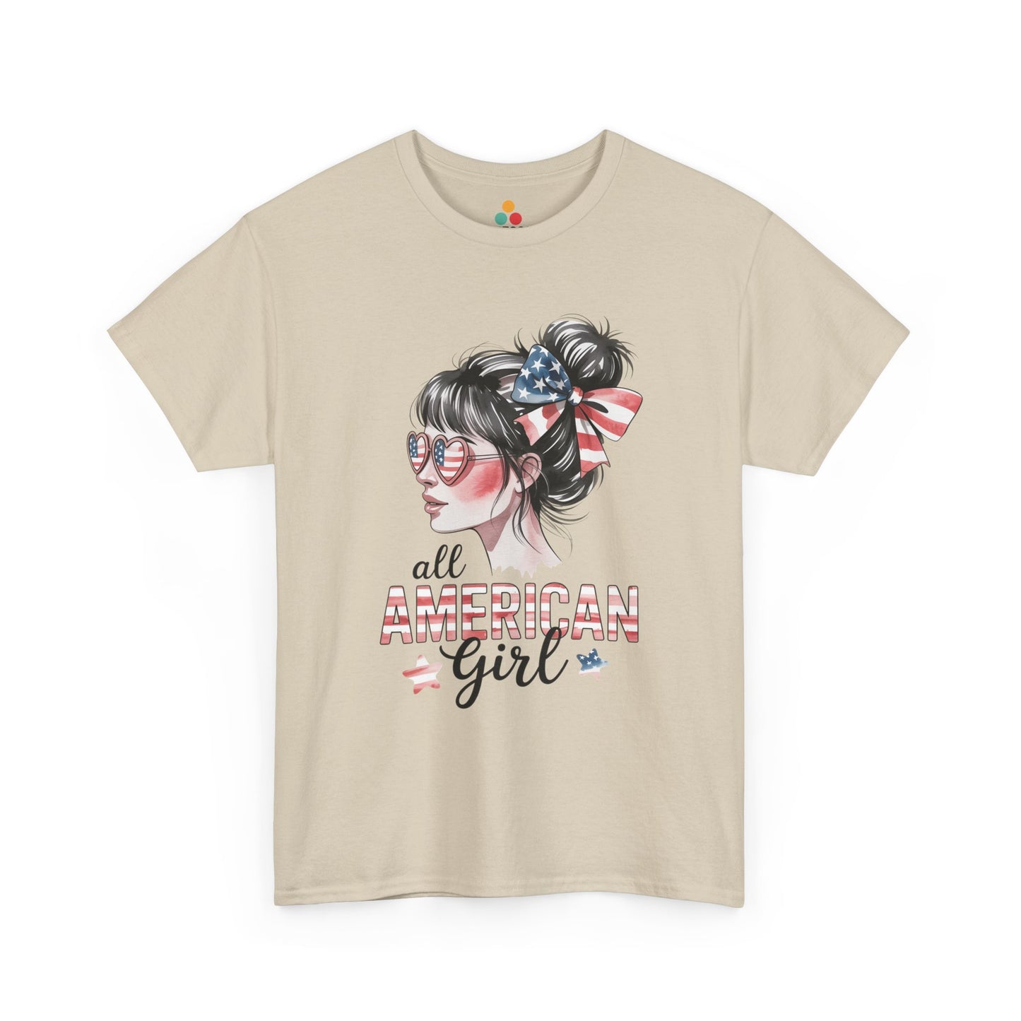 TEEZOCA Ladies American Flag Shirt t-shirt with bow detail, USA sunglasses, and cute All American Girl style.
