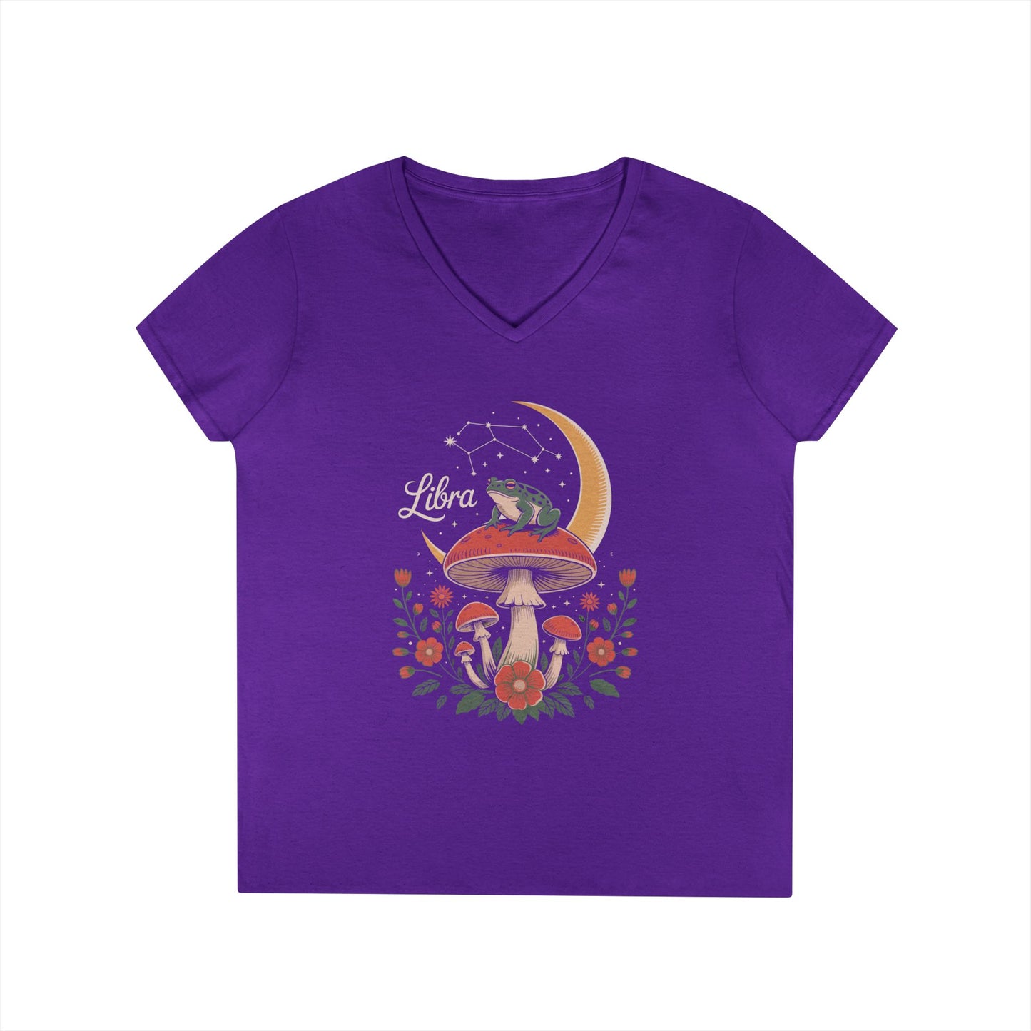 Libra Zodiac Frog Moon Mystic Art Aesthetic V-Neck T-Shirt for Women | TEEZOCA 
