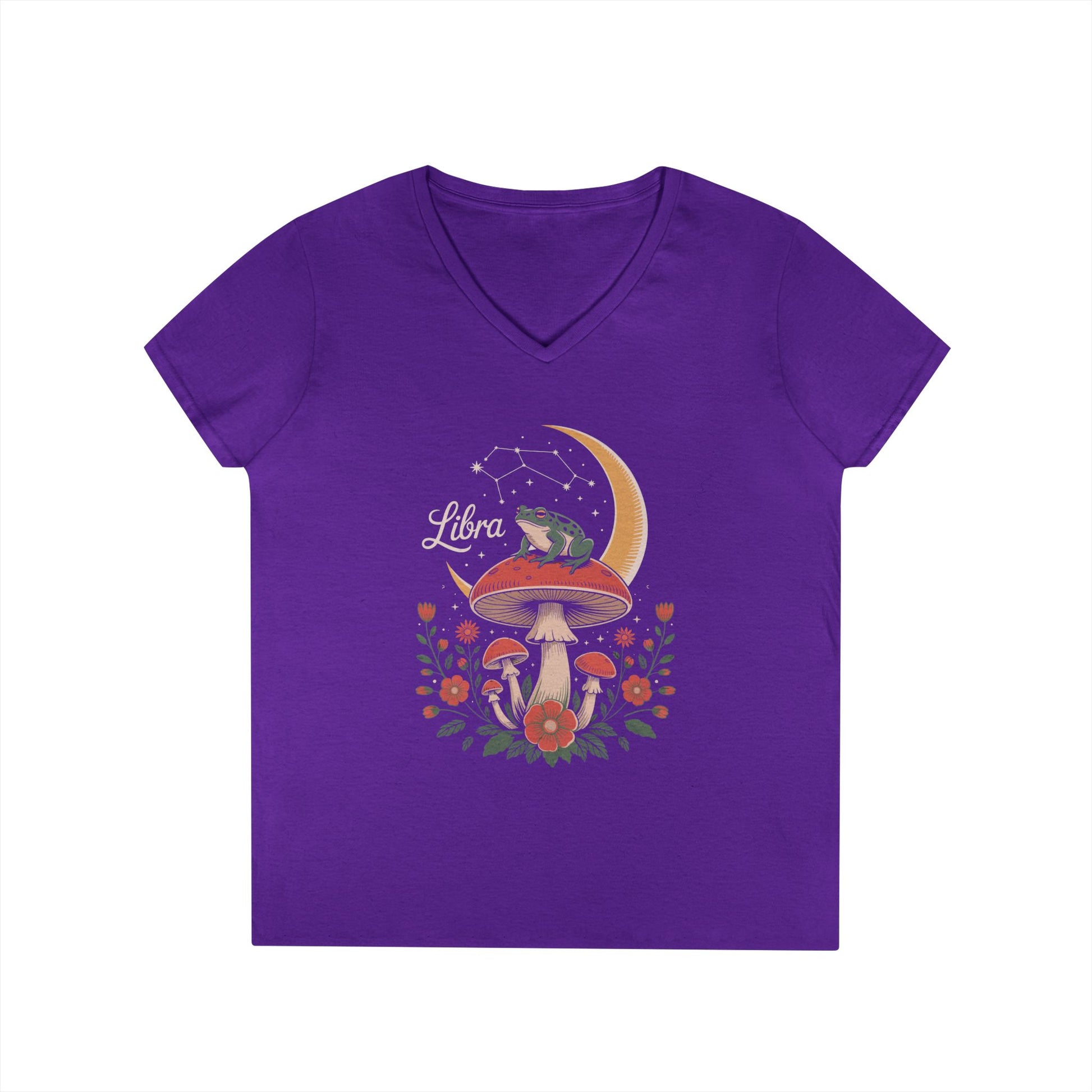 Libra Zodiac Frog Moon Mystic Art Aesthetic V-Neck T-Shirt for Women | TEEZOCA 