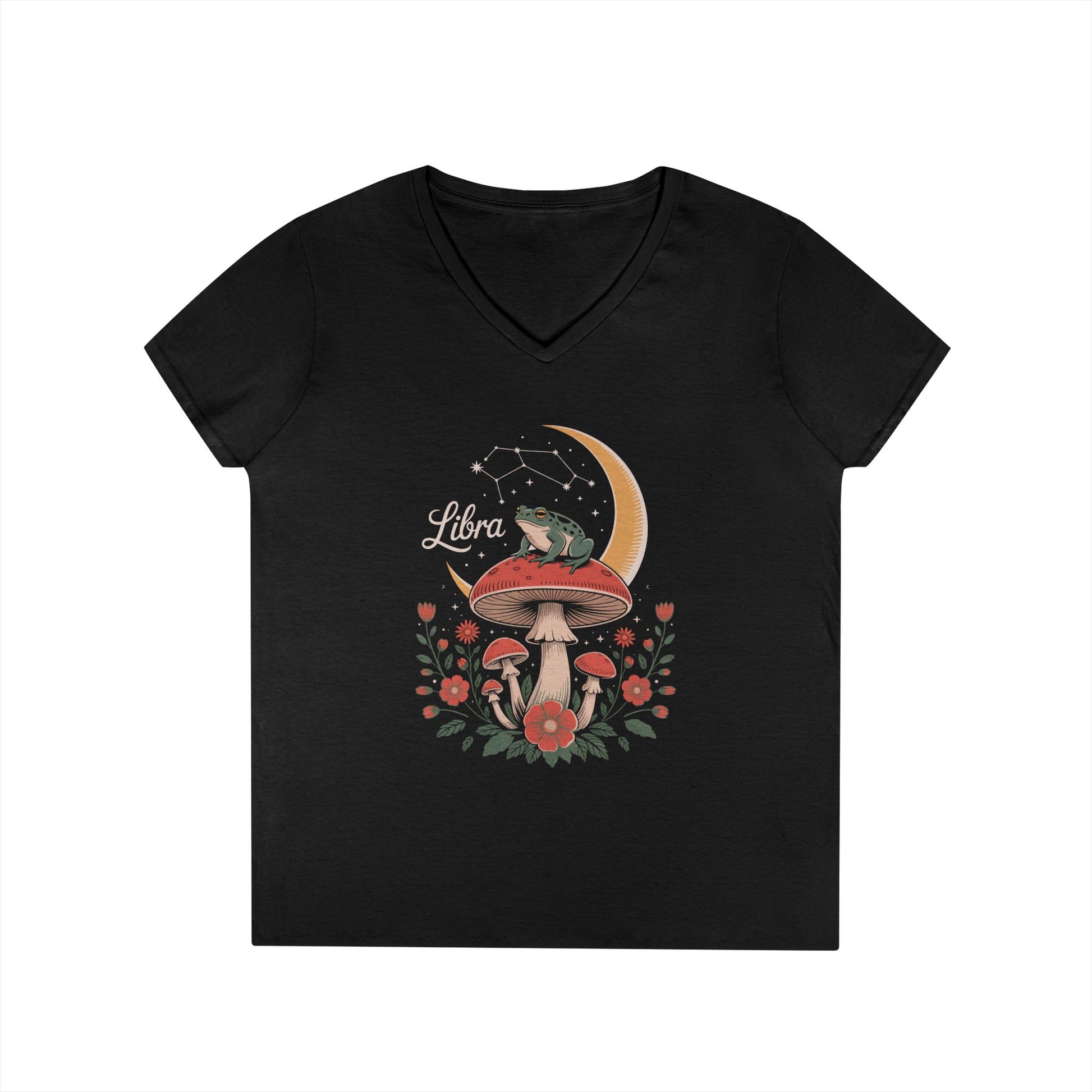 Libra Zodiac Frog Moon Mystic Art Aesthetic V-Neck T-Shirt for Women | TEEZOCA 
