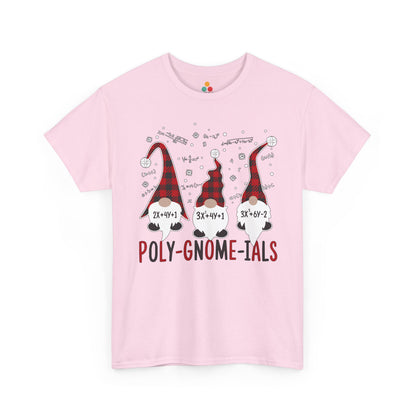 TEEZOCA Light pink "Poly-Gnome-ials" funny math gnome graphic t-shirt shown flat.