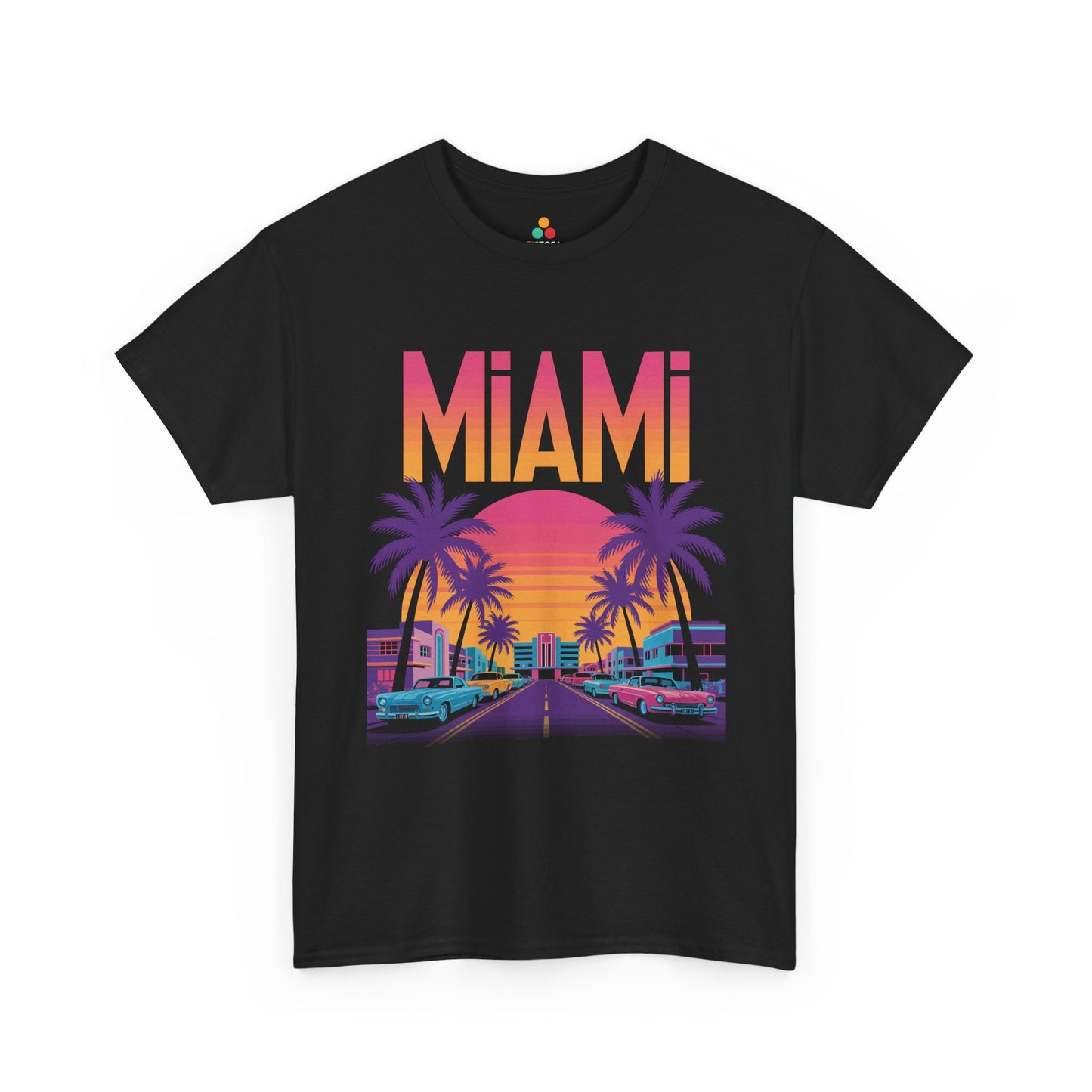 Miami Retro Sunset Palm Street Unisex T-shirt City Art | TEEZOCA 