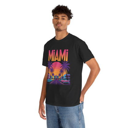 Miami Retro Sunset Palm Street Unisex T-shirt City Art | TEEZOCA 
