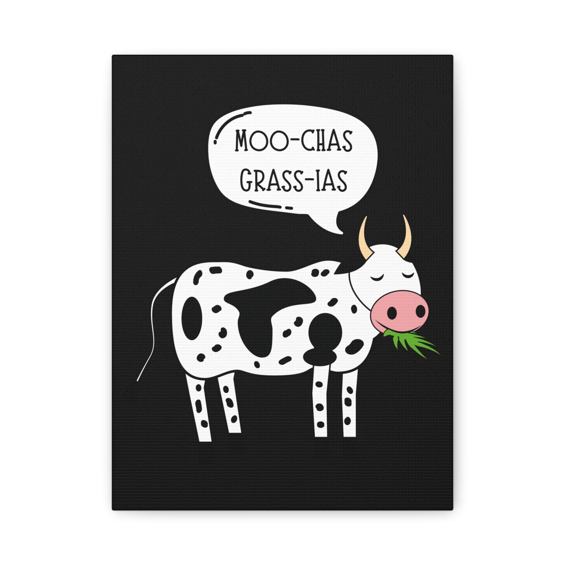 TEEZOCA “Moo-chas Grass-ias” funny cow pun canvas wall art shown close up.