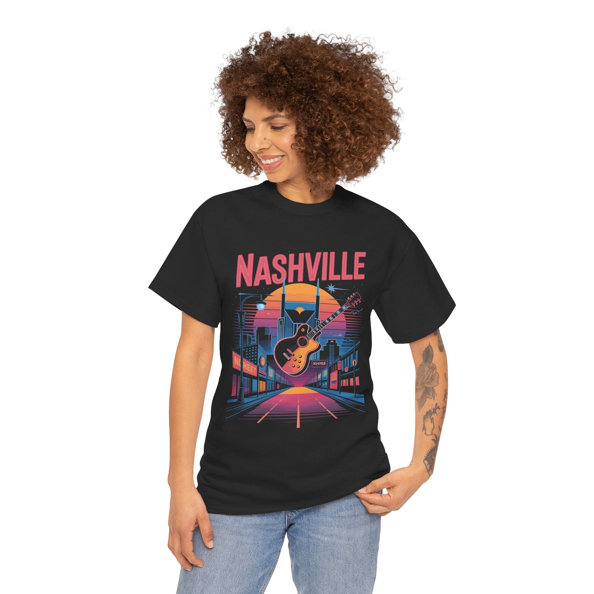 Nashville Music Street Guitar Sunset Retro City Unisex T-shirt | TEEZOCA 