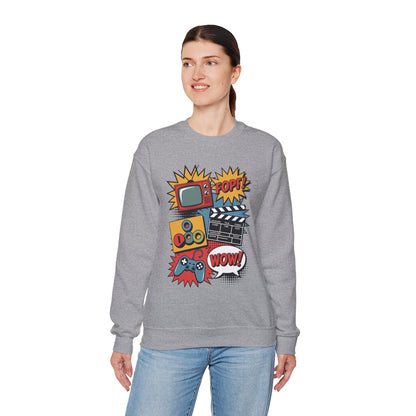 TEEZOCA Old school pop culture sweatshirt inspired by classic media and gaming Person wearing a gray sweatshirt with colorful graphic design on a white background