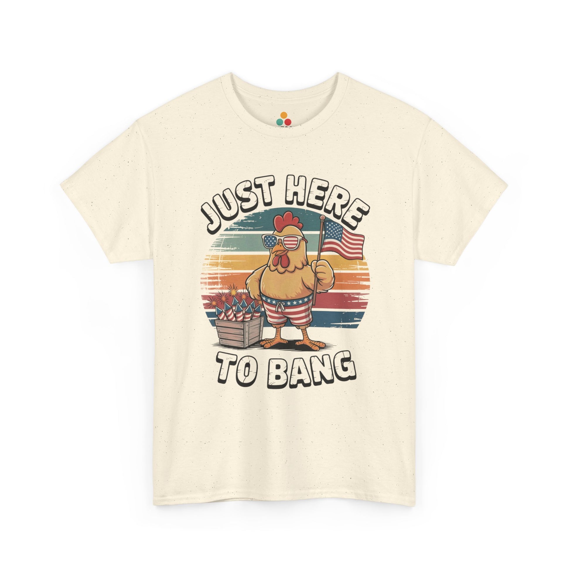 TEEZOCA Patriotic Chicken Shirt t-shirt designed with retro sunset colors, flag detail, and fireworks for Fourth of July Shirts shoppers.
