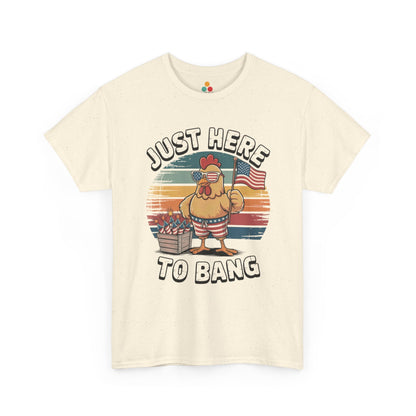 TEEZOCA Patriotic Chicken Shirt t-shirt designed with retro sunset colors, flag detail, and fireworks for Fourth of July Shirts shoppers.
