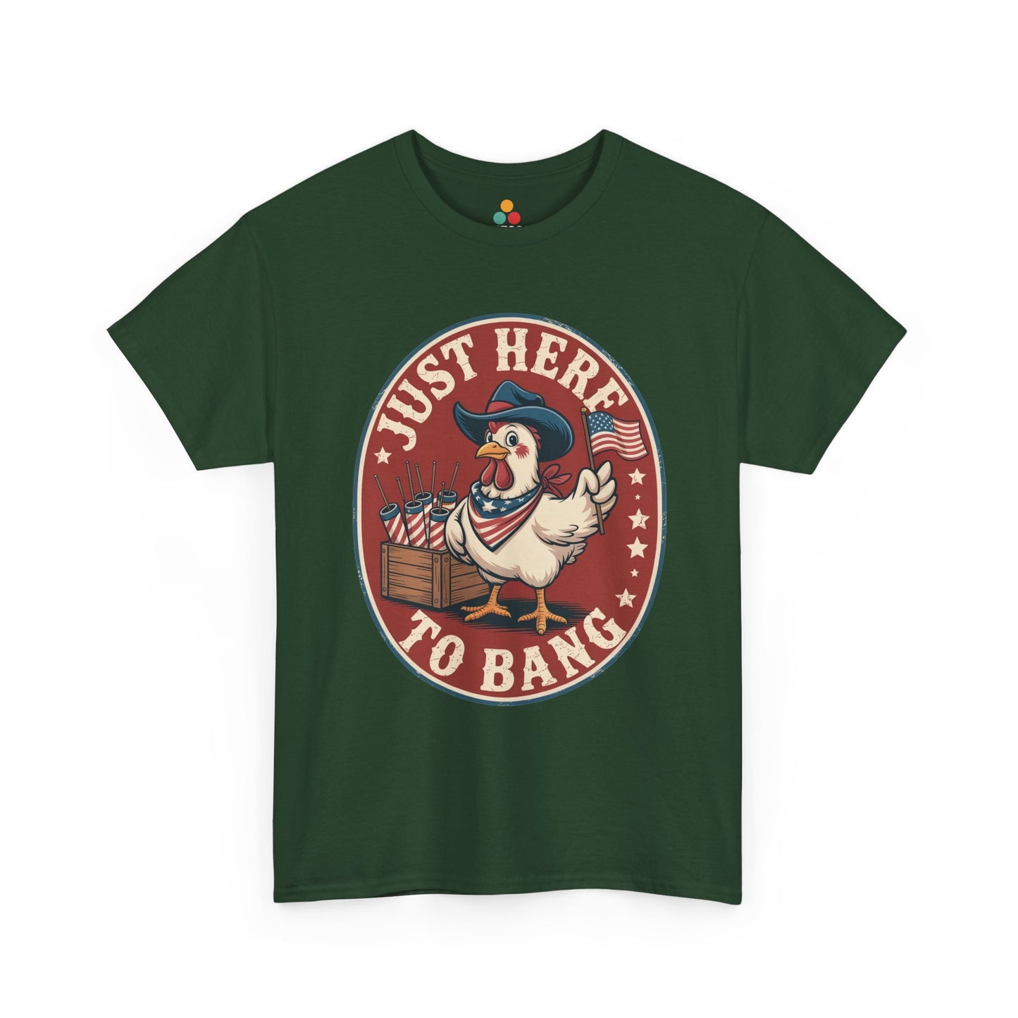 TEEZOCA Patriotic Chicken Shirt t-shirt showing a proud rooster beside fireworks for backyard July 4 laughs.
