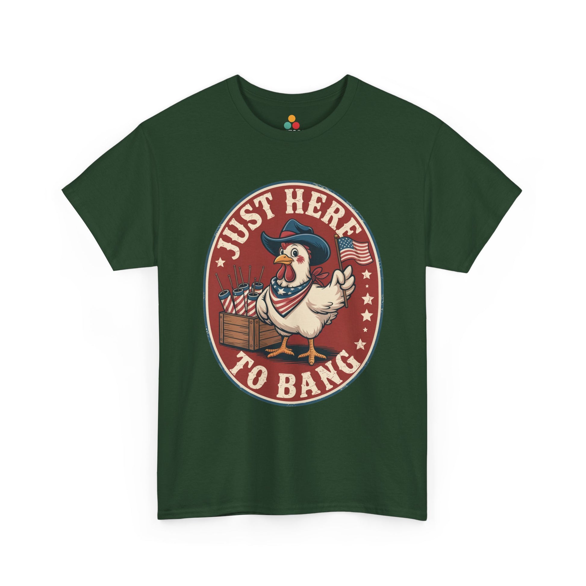 TEEZOCA Patriotic Chicken Shirt t-shirt showing a proud rooster beside fireworks for backyard July 4 laughs.

