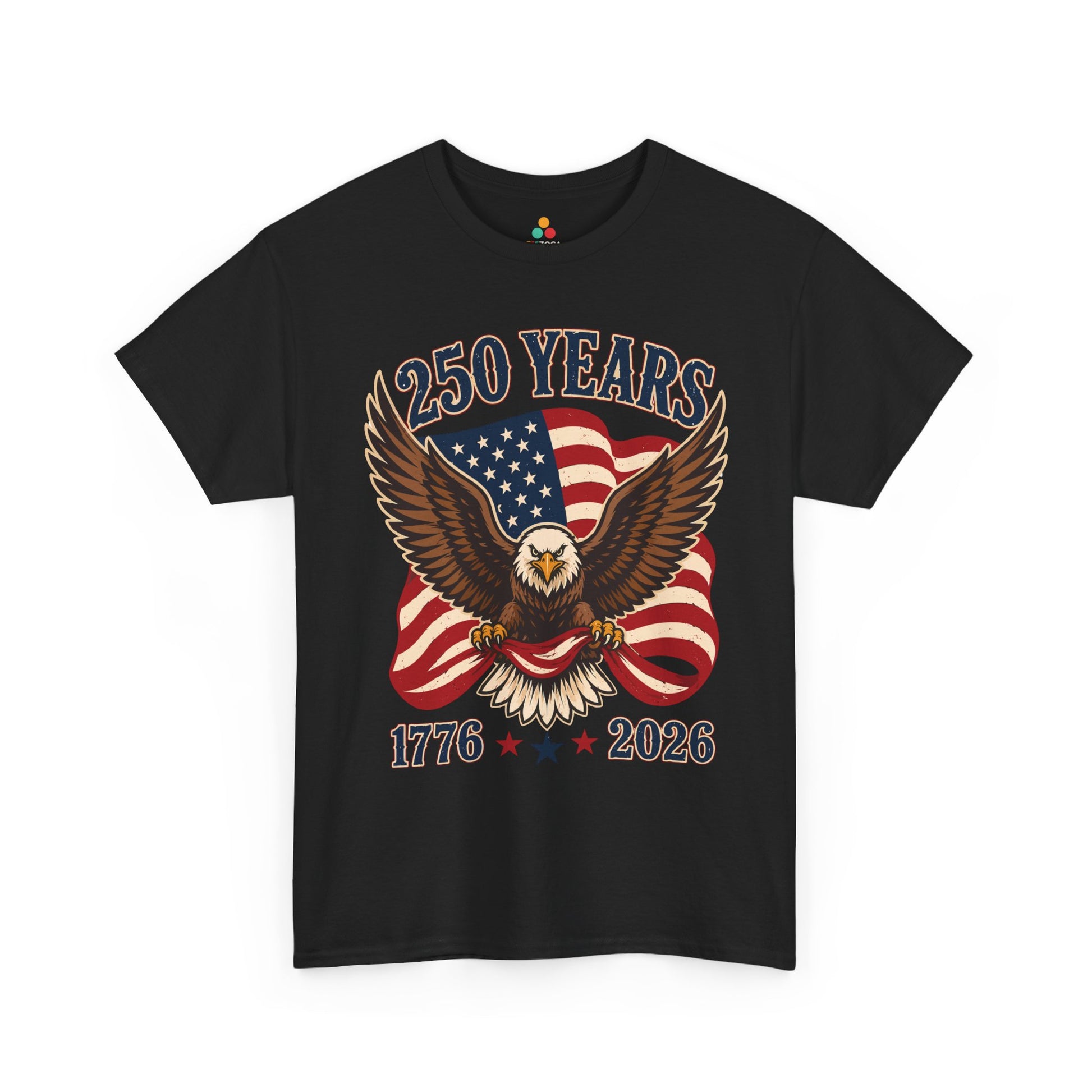 TEEZOCA Patriotic Clothing t-shirt with a bald eagle, American flag, 250 Years text, and 1776-2026 anniversary dates.
