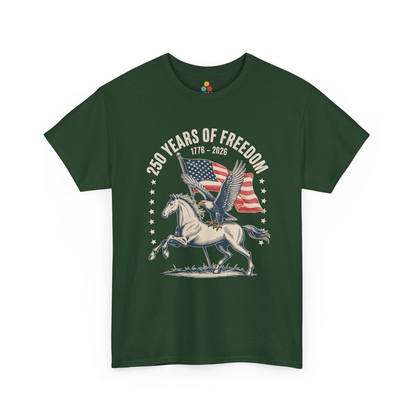 TEEZOCA Patriotic Horse Shirt t-shirt with 250 Years of Freedom Shirt lettering and rugged patriotic artwork.
