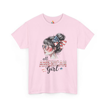 TEEZOCA Patriotic Womens Shirt t-shirt featuring a feminine All American Girl design for cute 4th of July outfits.
