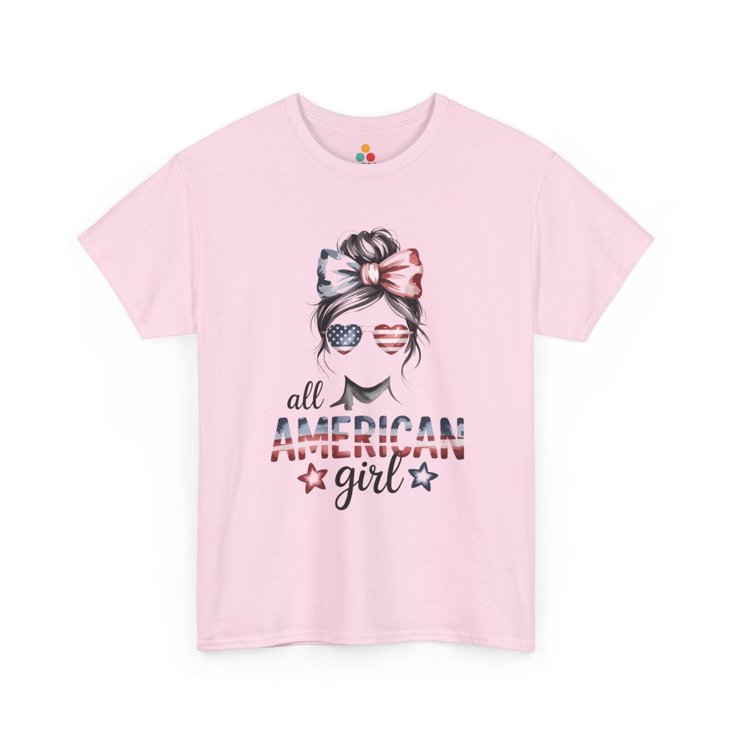 TEEZOCA Patriotic Womens Shirt t-shirt with a feminine messy bun graphic for Fourth of July celebrations.
