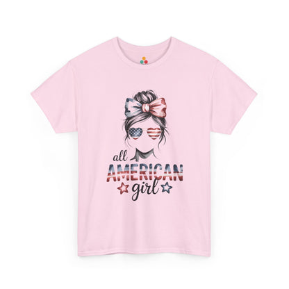 TEEZOCA Patriotic Womens Shirt t-shirt with a feminine messy bun graphic for Fourth of July celebrations.
