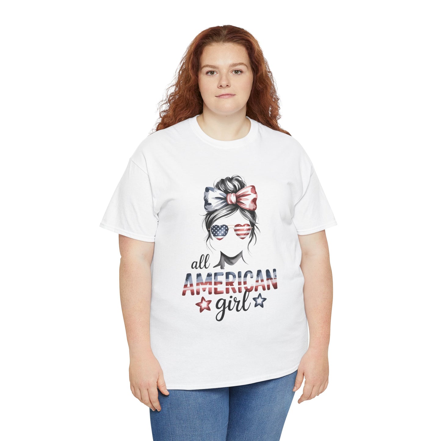 TEEZOCA Patriotic Womens Shirt t-shirt with messy bun, bow, flag sunglasses, stars, and All American Girl lettering.
