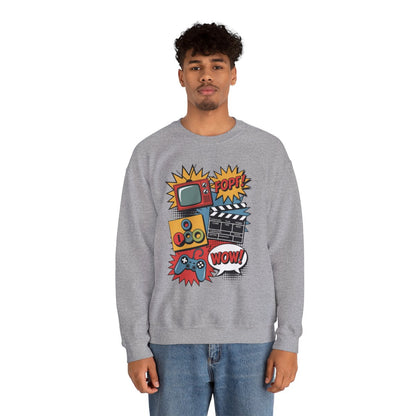 TEEZOCA Pop culture nostalgia sweatshirt with comic style graphics and speech bubbles Person wearing a gray sweatshirt with colorful graphic designs on a white background