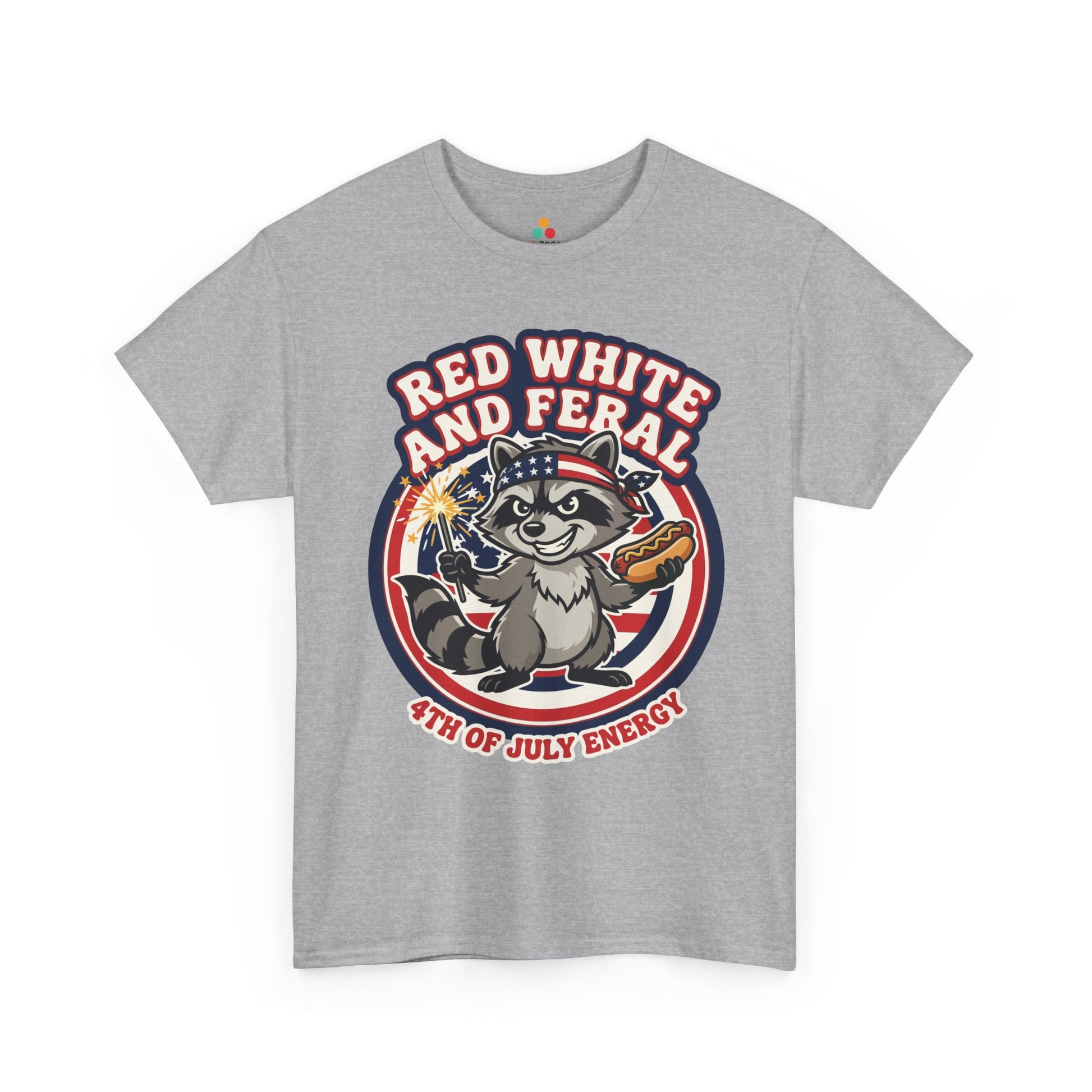 TEEZOCA Raccoon 4th of July Shirt t-shirt showing a cartoon trash panda with a sparkler, hot dog, and patriotic circle backdrop.
