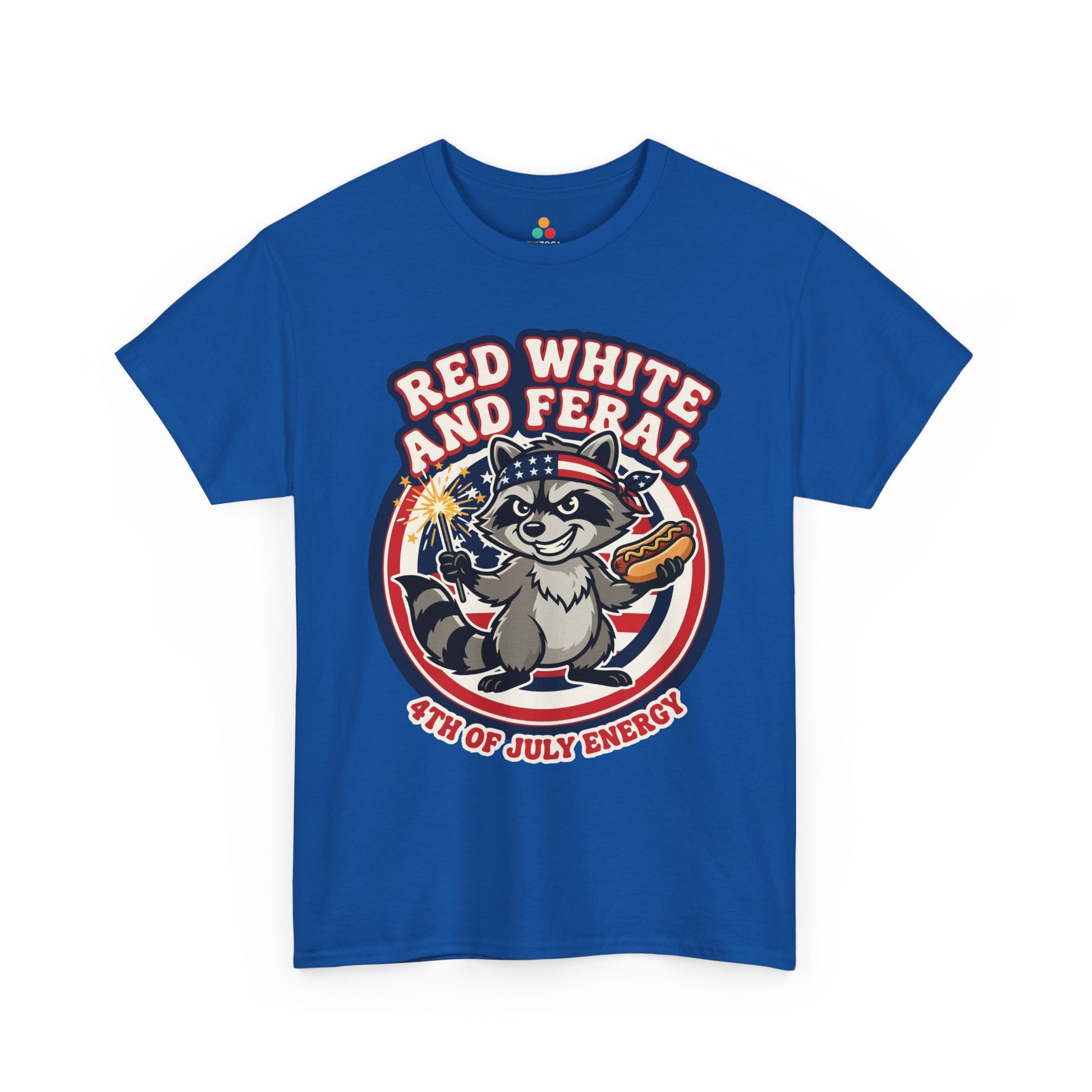 TEEZOCA Red White and Blue Shirt t-shirt design with a smiling trash panda, flag bandana, and bold summer party mood.
