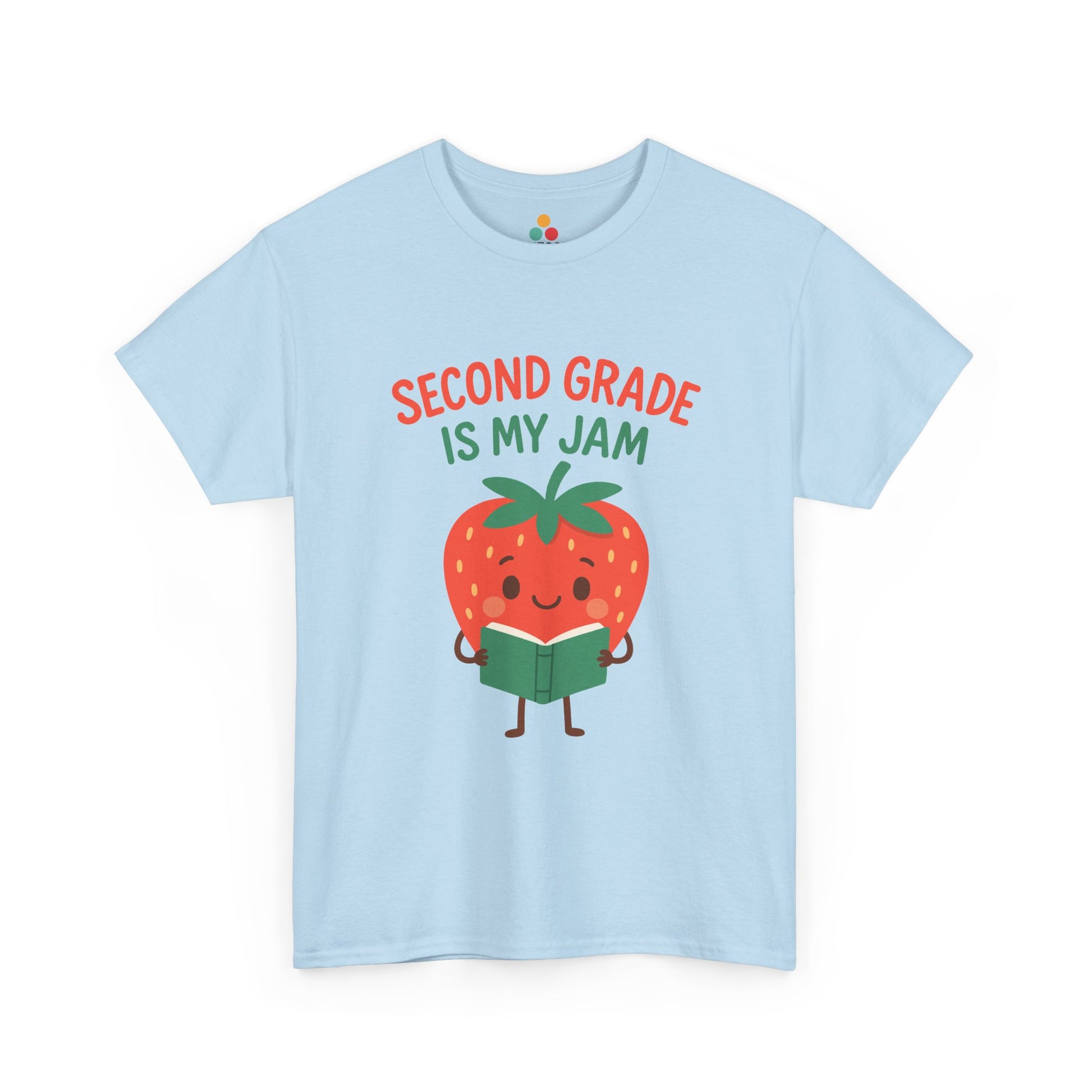 TEEZOCA Second Grade Is My Jam Strawberry light blue T-Shirt Back to School Teachers Gift