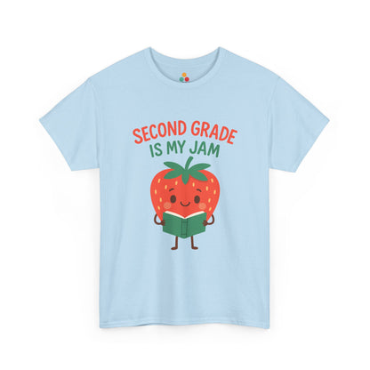 TEEZOCA Second Grade Is My Jam Strawberry light blue T-Shirt Back to School Teachers Gift