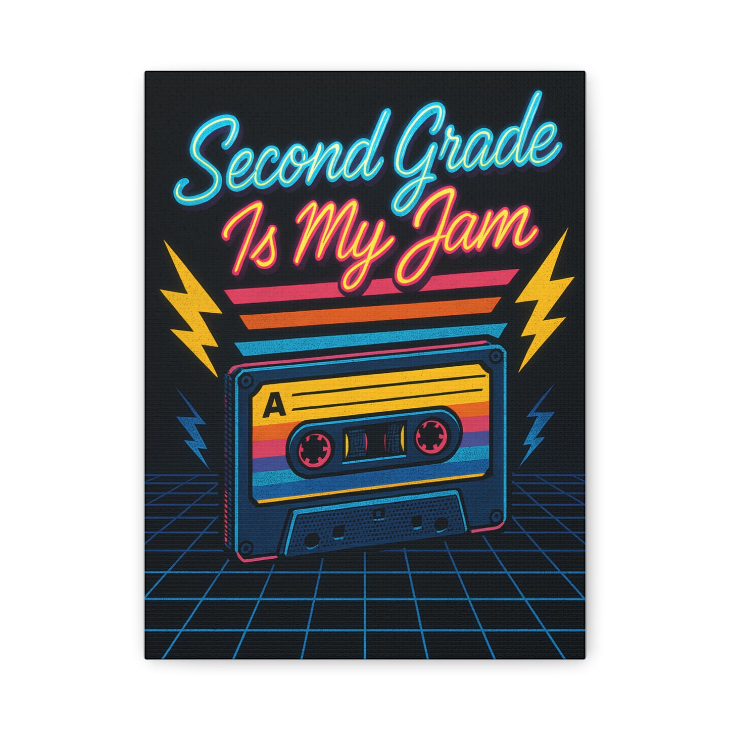 TEEZOCA “Second Grade Is My Jam” neon cassette canvas wall art shown close up.