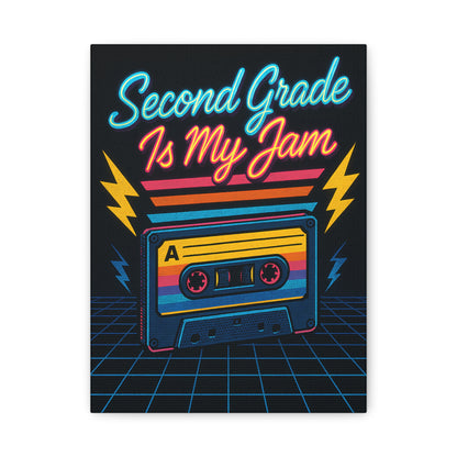 TEEZOCA “Second Grade Is My Jam” neon cassette canvas wall art shown close up.