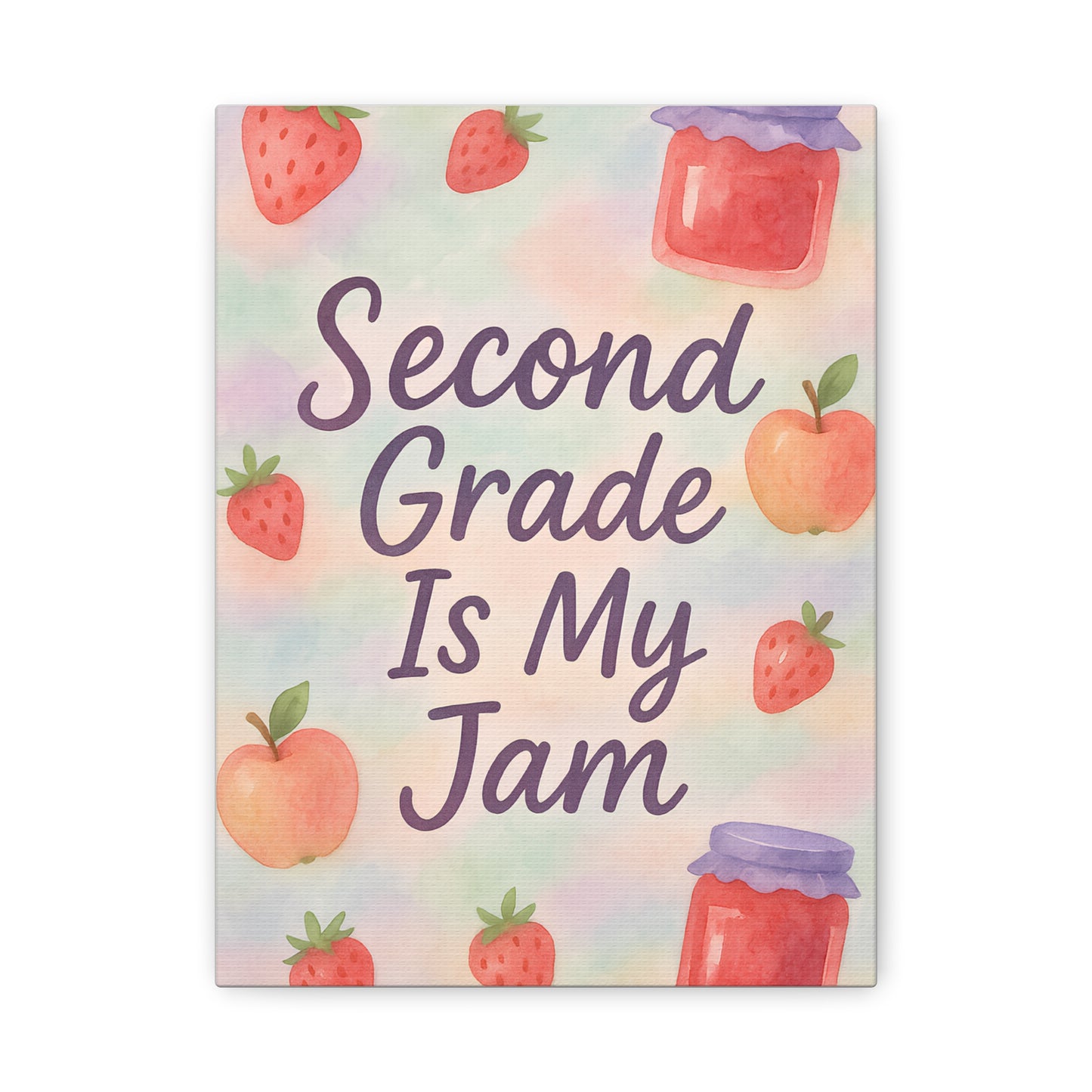 TEEZOCA “Second Grade Is My Jam” pastel fruit canvas wall art shown close up.