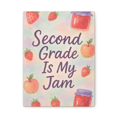 TEEZOCA “Second Grade Is My Jam” pastel fruit canvas wall art shown close up.