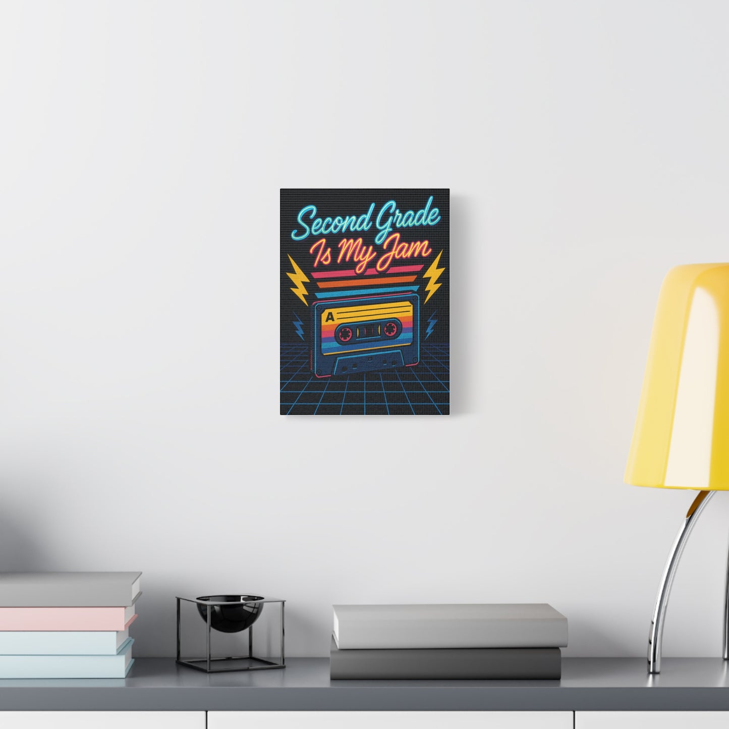 TEEZOCA “Second Grade Is My Jam” wall art in a clean white room with plant and console.