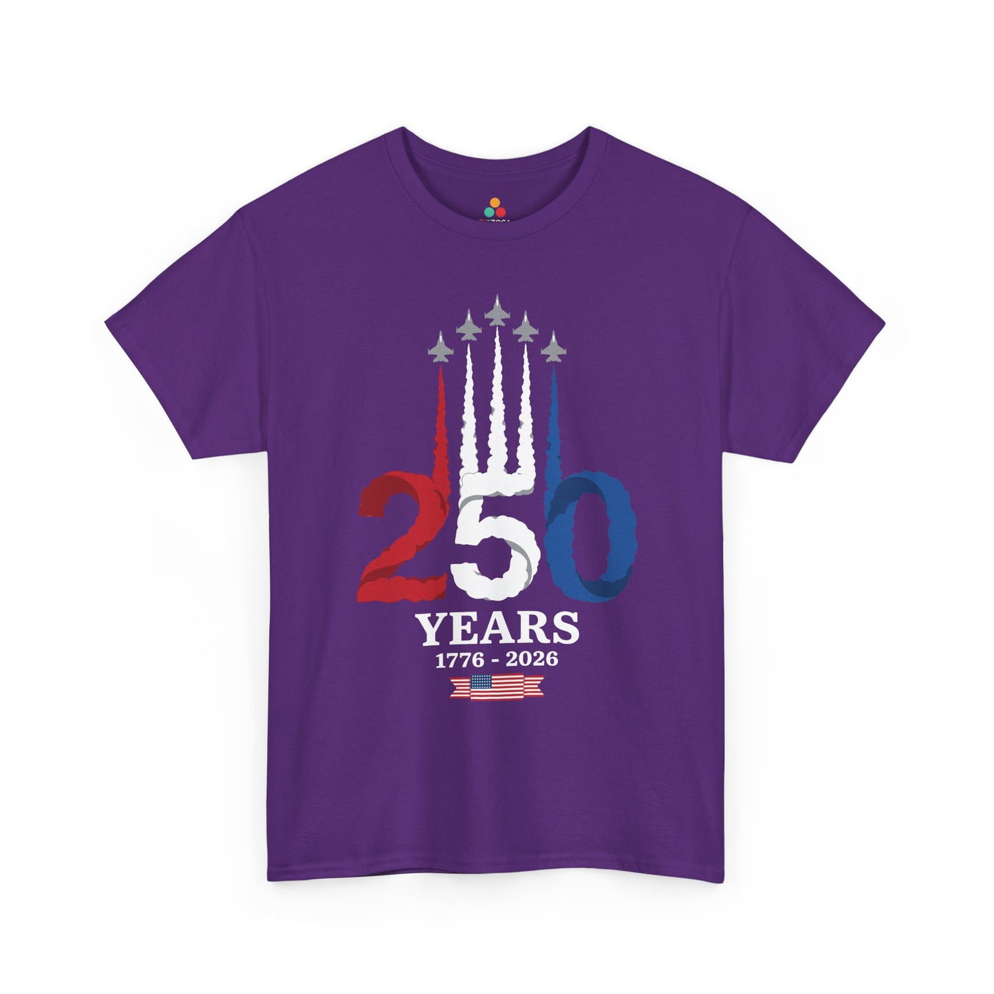 TEEZOCA Semiquincentennial T-shirt with USA 250 smoke art, patriotic jets, and clean Independence Day styling.
