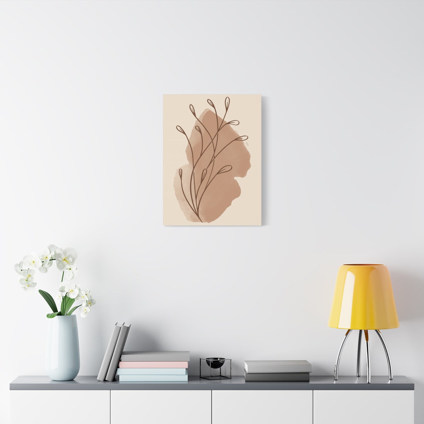 TEEZOCA Side view terracotta boho leaf abstract canvas shown flat with organic shapes and line art leaves.